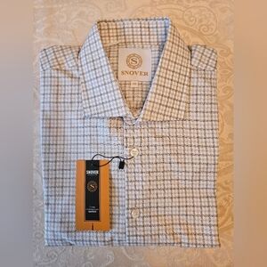 Men's Formal Grey Cotton Grid Checkered Shirt, Snover, NWT, 43